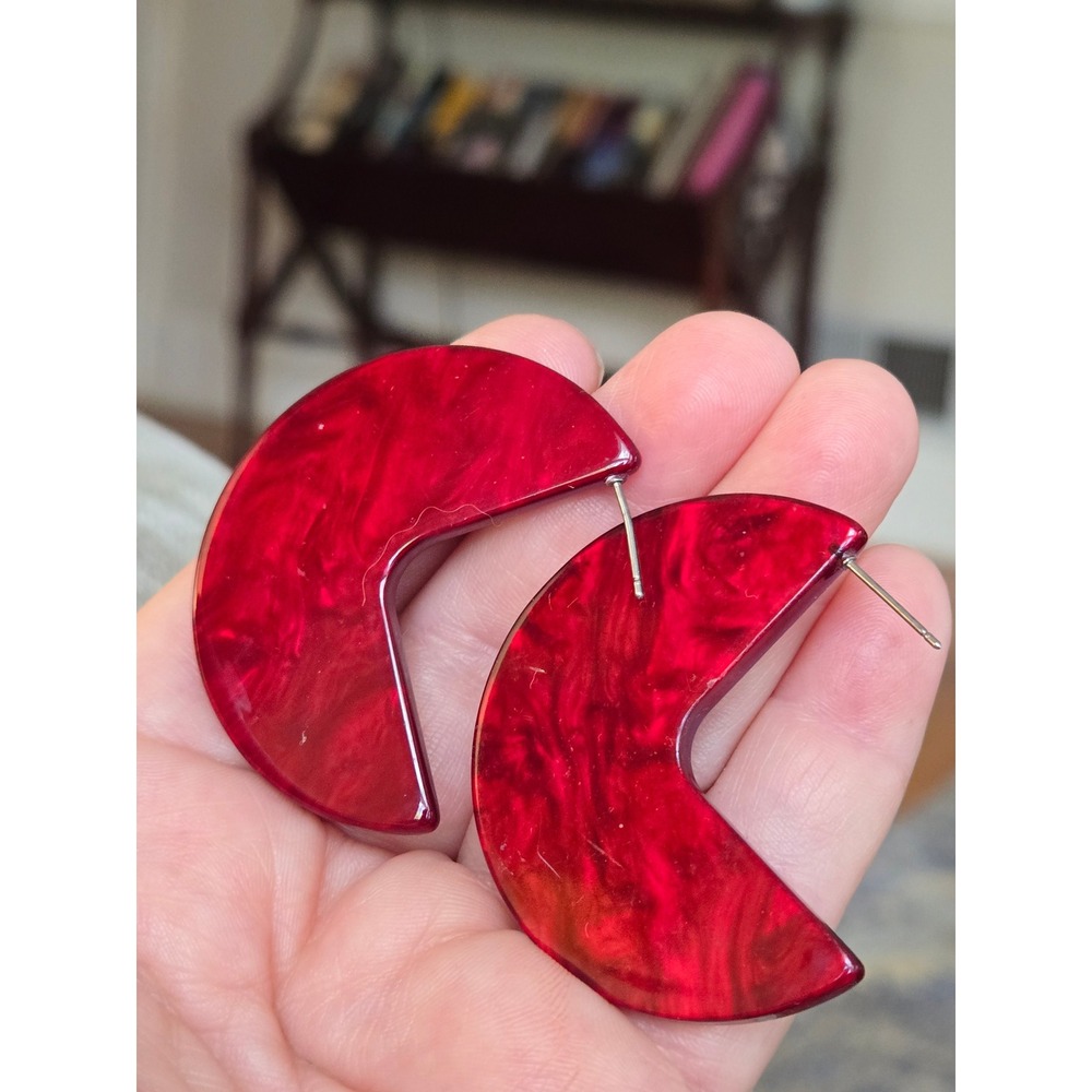 Red Lucite Earrings Boho Retro Semi-Circle Pierced Vintage